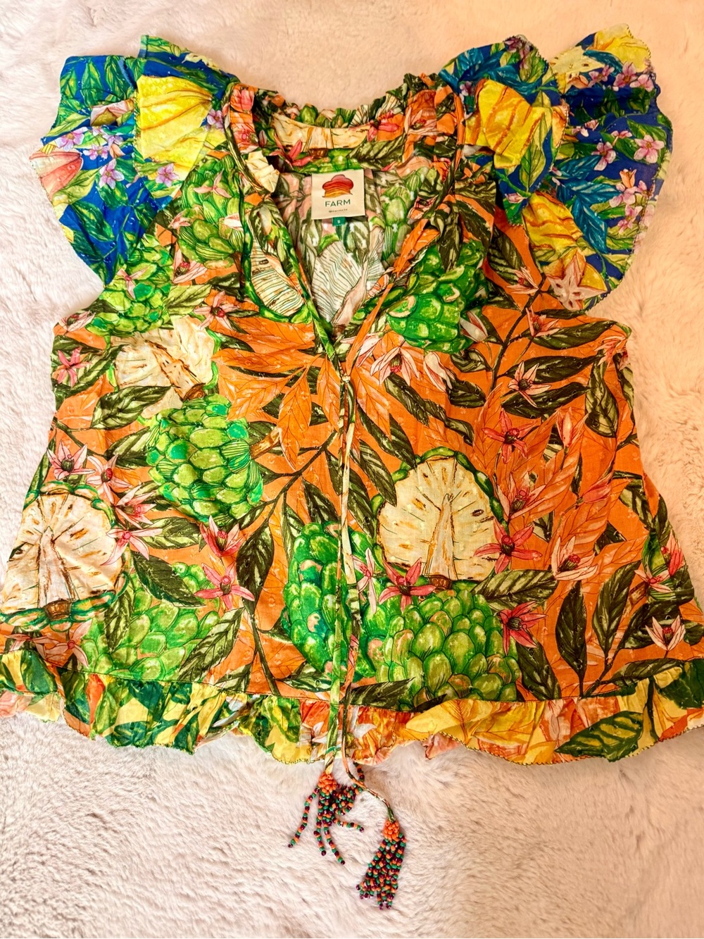 FARM Rio Tropical Button-Front Top in Orange, Green & Pink